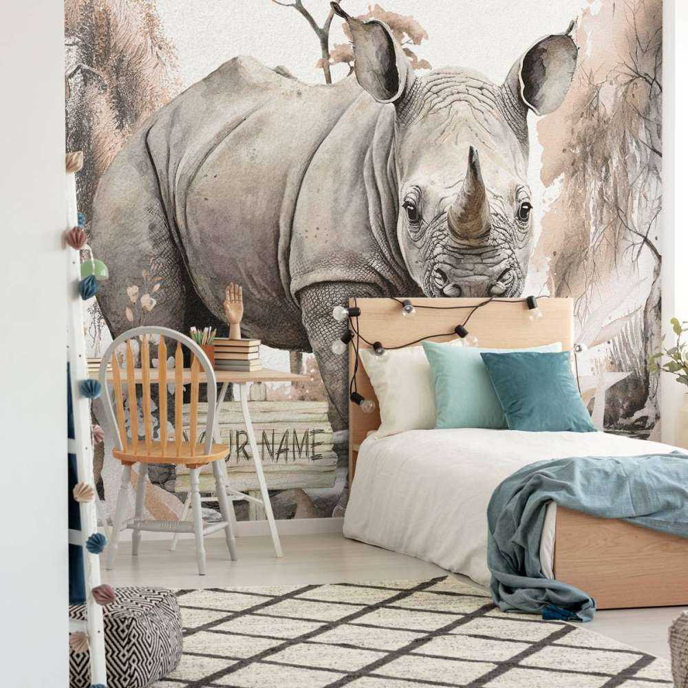 Baby neushoorn op de savanne taupe