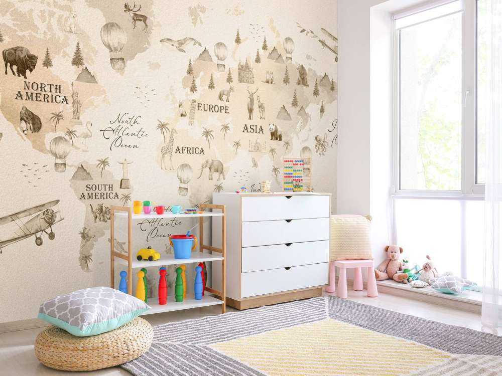 Wereldkaart met verschillende dieren beige