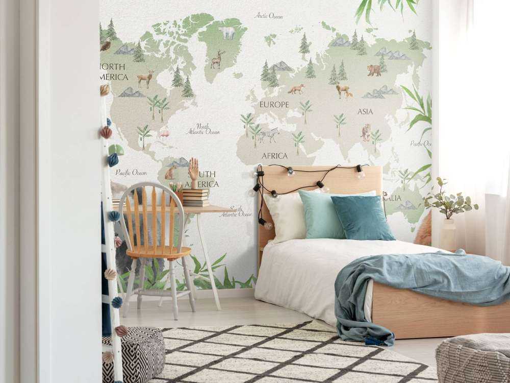 Wereldkaart met bamboe en panda's