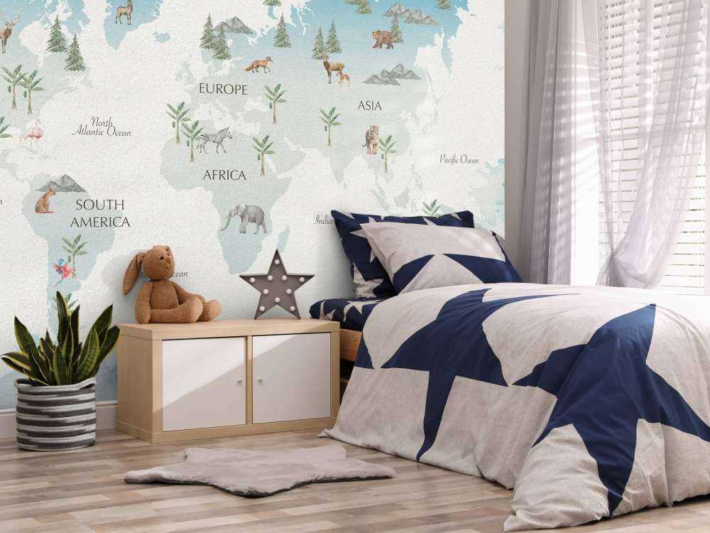 Wereldkaart met golven en dieren