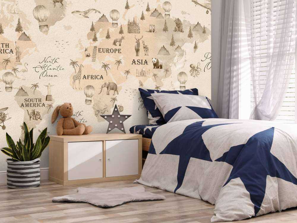 Wereldkaart met verschillende dieren beige