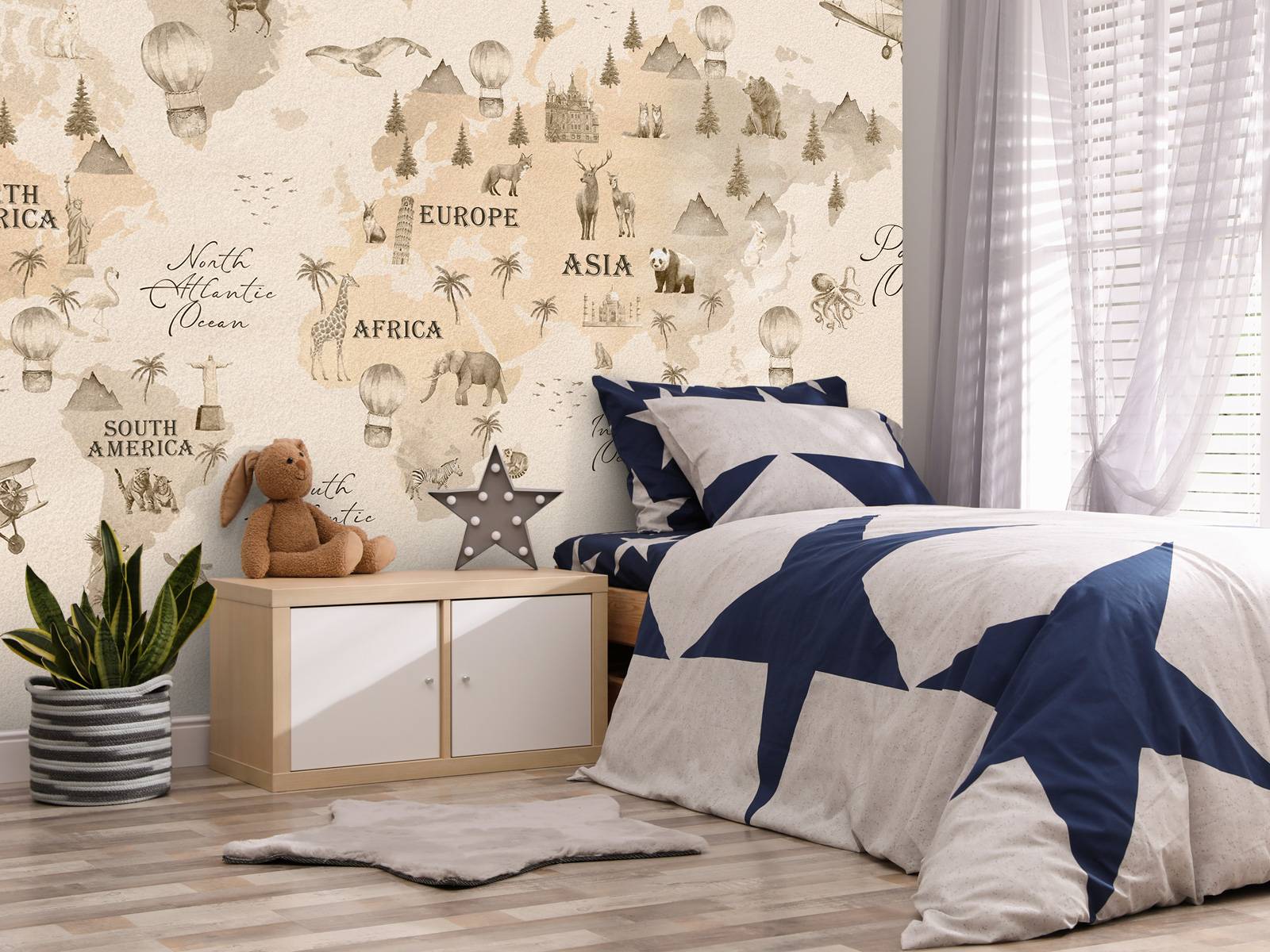 Wereldkaart met verschillende dieren beige