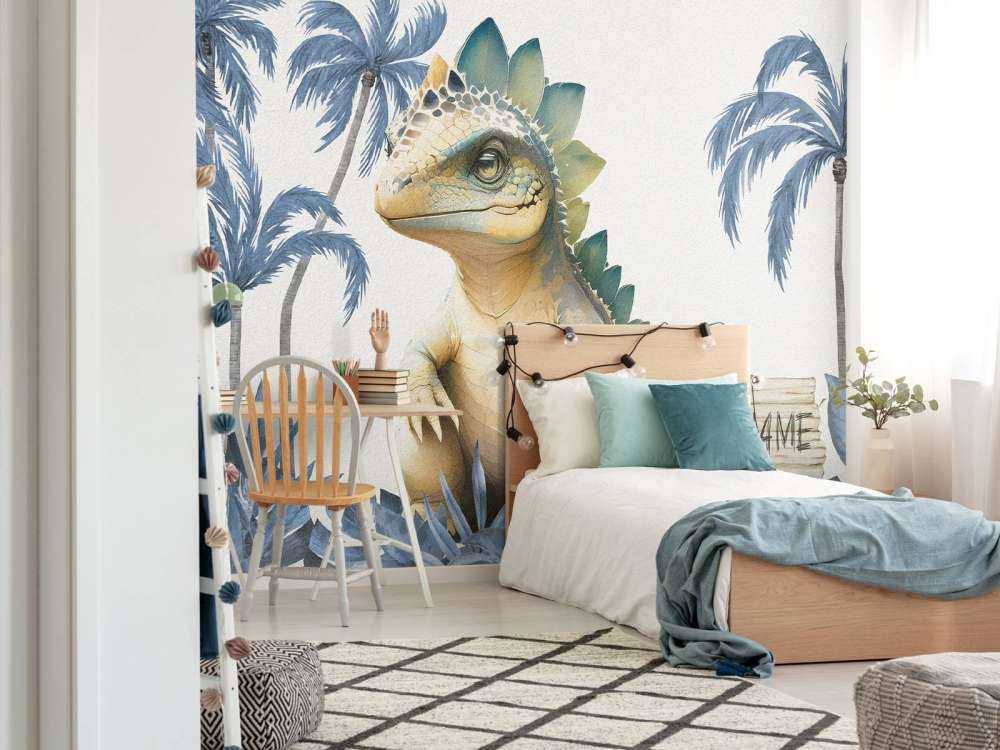 Baby stegosaurus in de jungle blauw