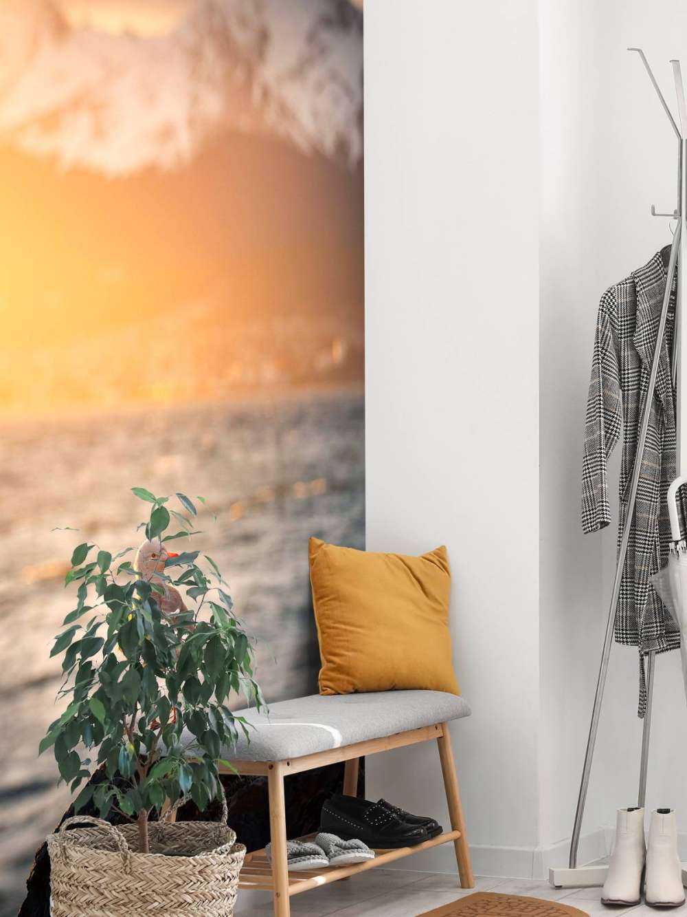 Meeuw bij zonsondergang aan fjord