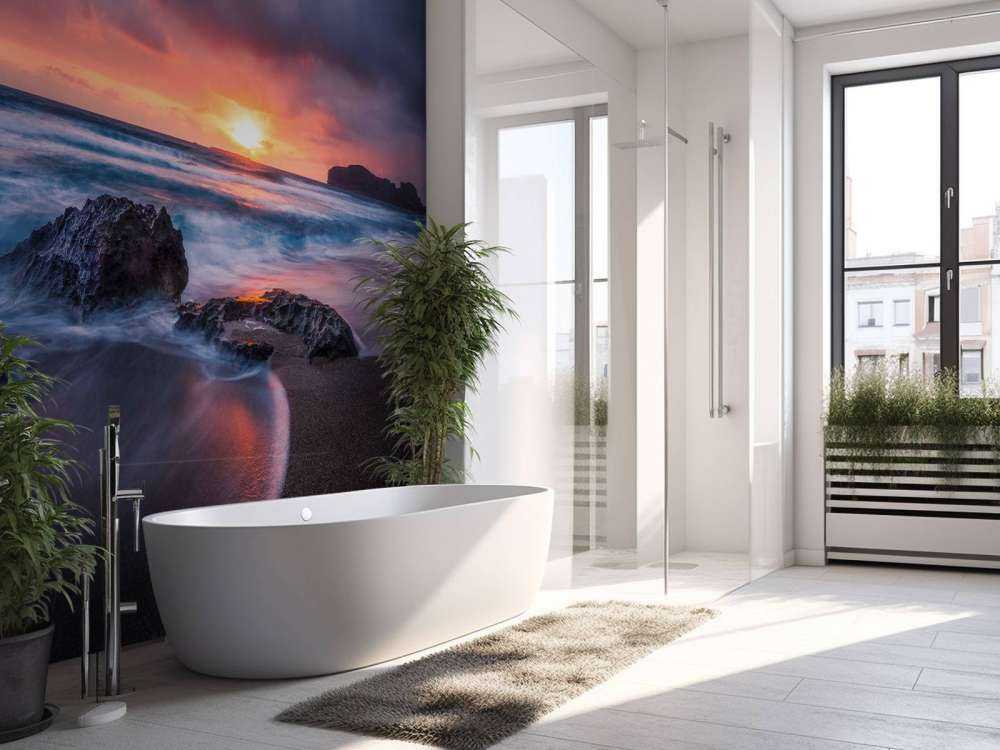 Rotsachtige kust bij zonsondergang