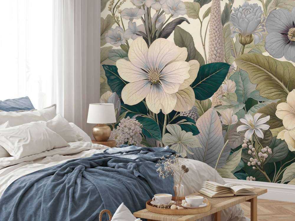 Botanische bloemen in zachte blauwtinten