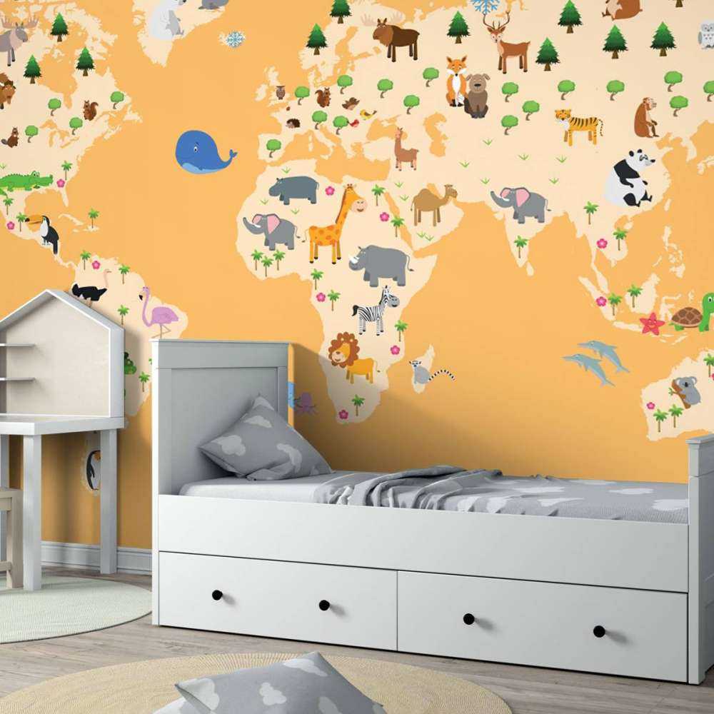 Wereldkaart voor kinderen met gele achtergrond