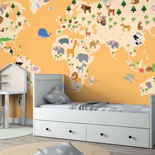 Wereldkaart voor kinderen met gele achtergrond
