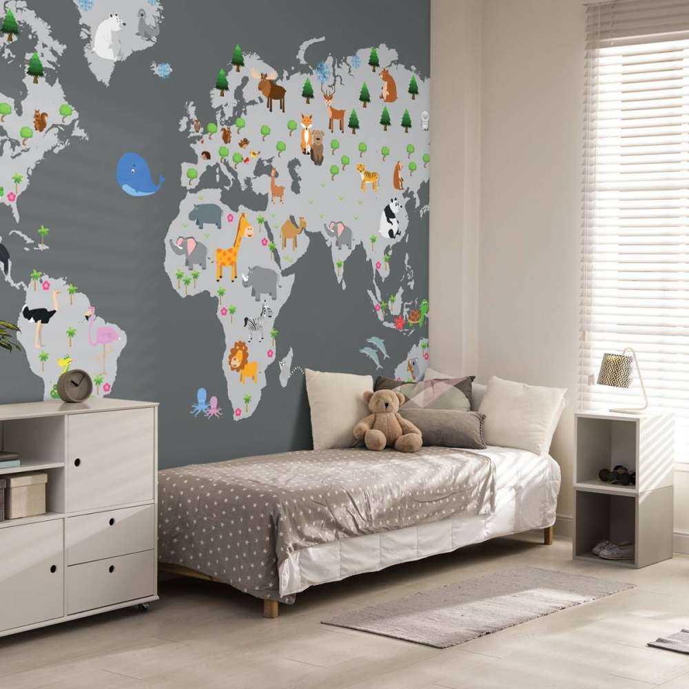 Wereldkaart voor kinderen met grijze achtergrond