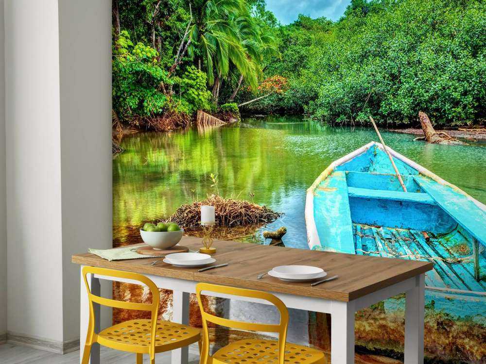 Oude boot in een tropische rivier