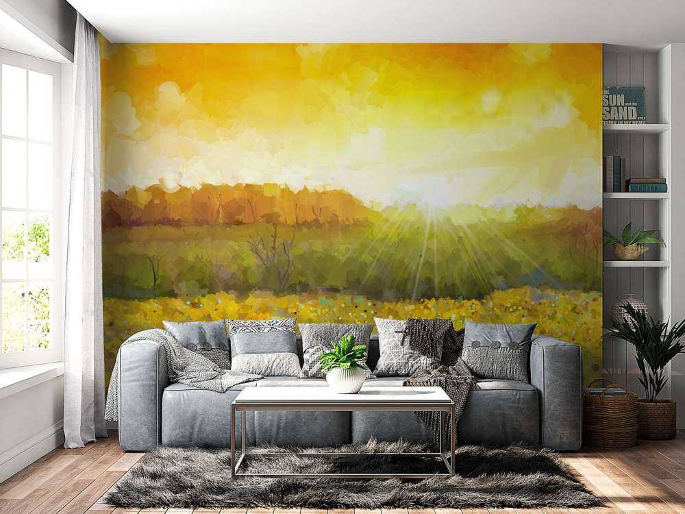 Schilderij van een zonnebloemen landschap