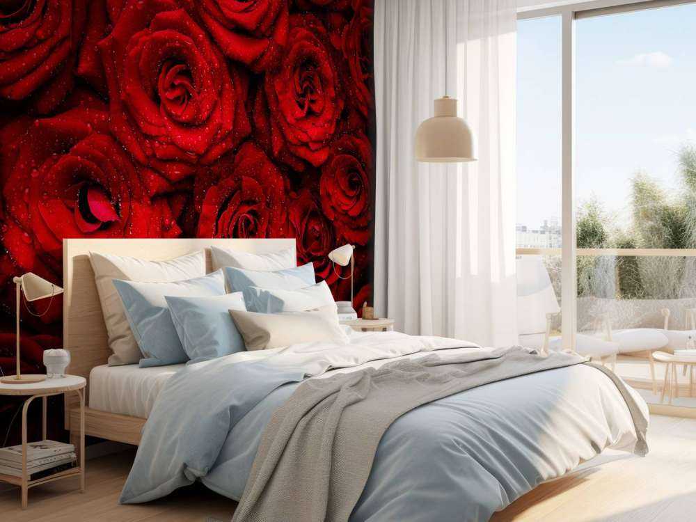 Rode rozen met druppels water erop