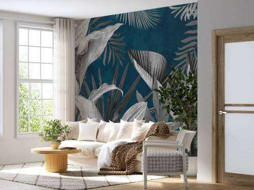 Tropische bladeren op een blauwe achtergrond