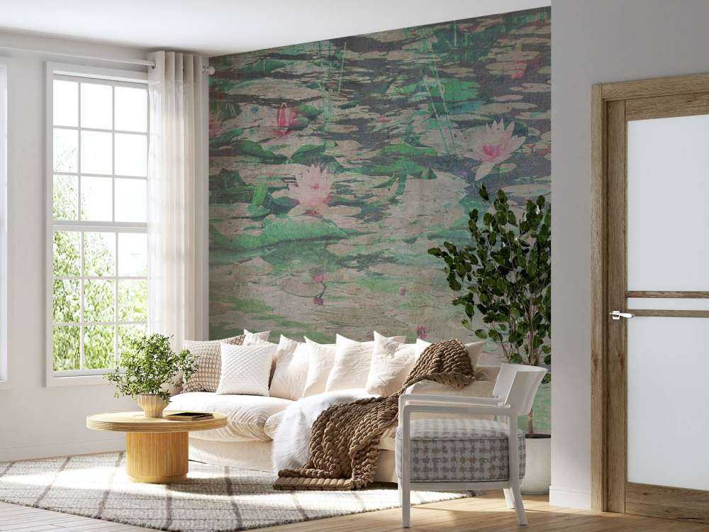 Waterlelies in vergrijsd vijverlicht