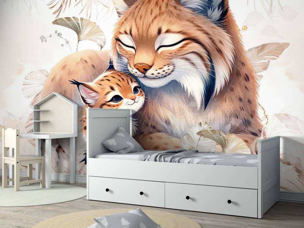 Liefdevolle lynx met jong