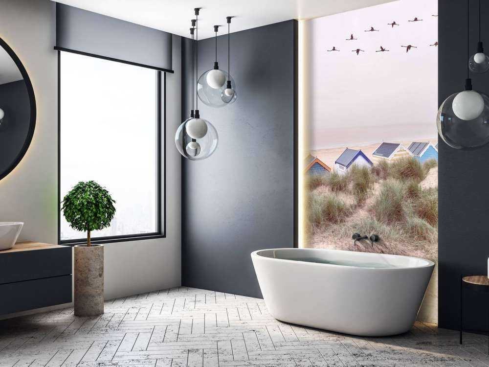 Beach huts on sandy seashore