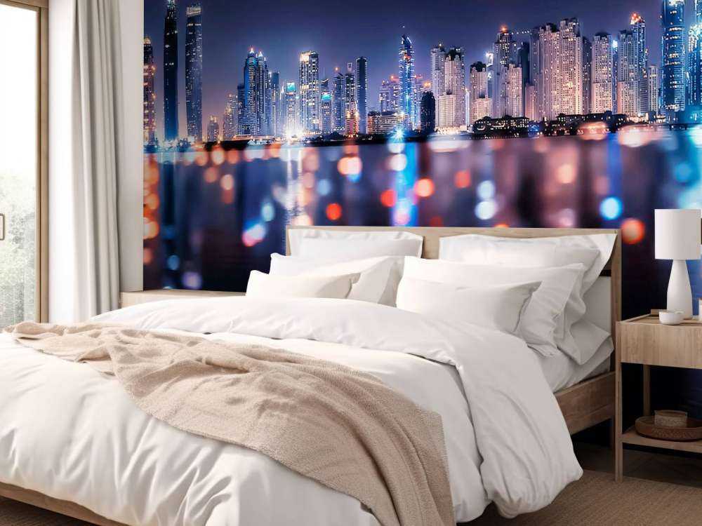 Nachtelijke skyline aan het water