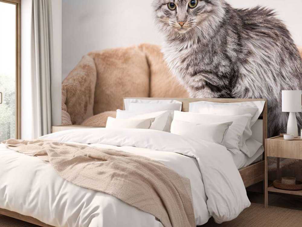 Grijze kat zit in een mand