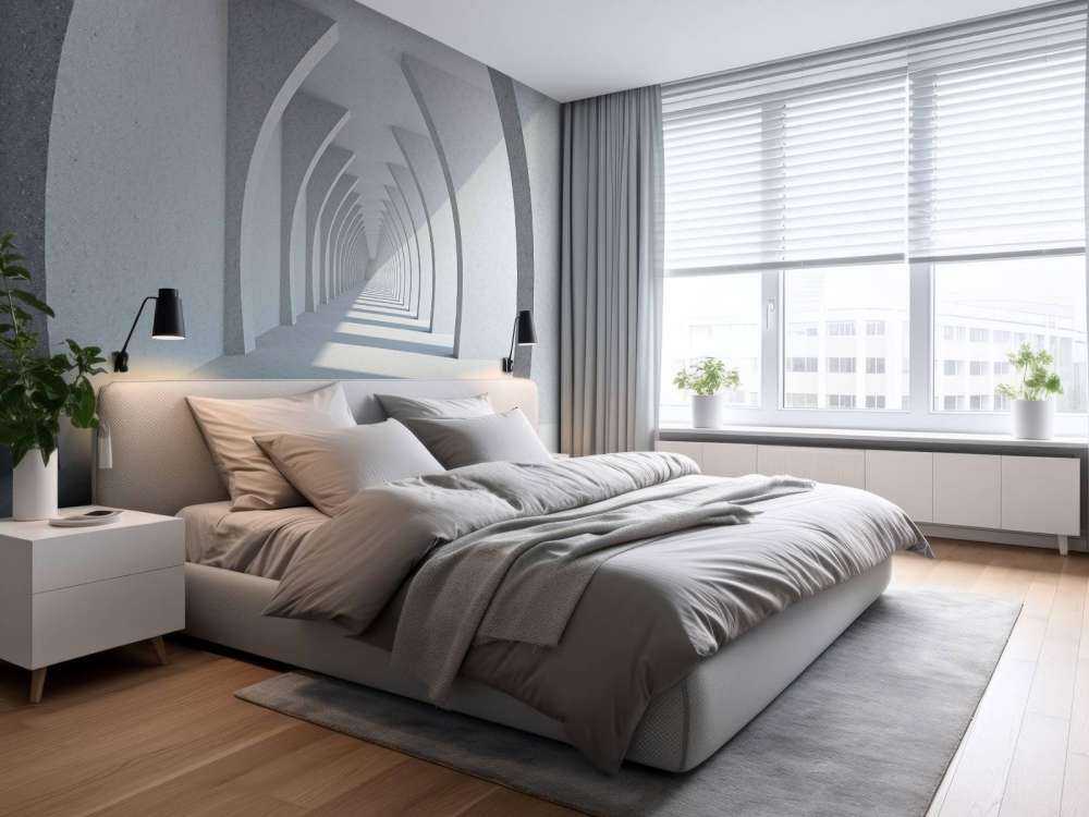 Een lange witte gang met grote zuilen