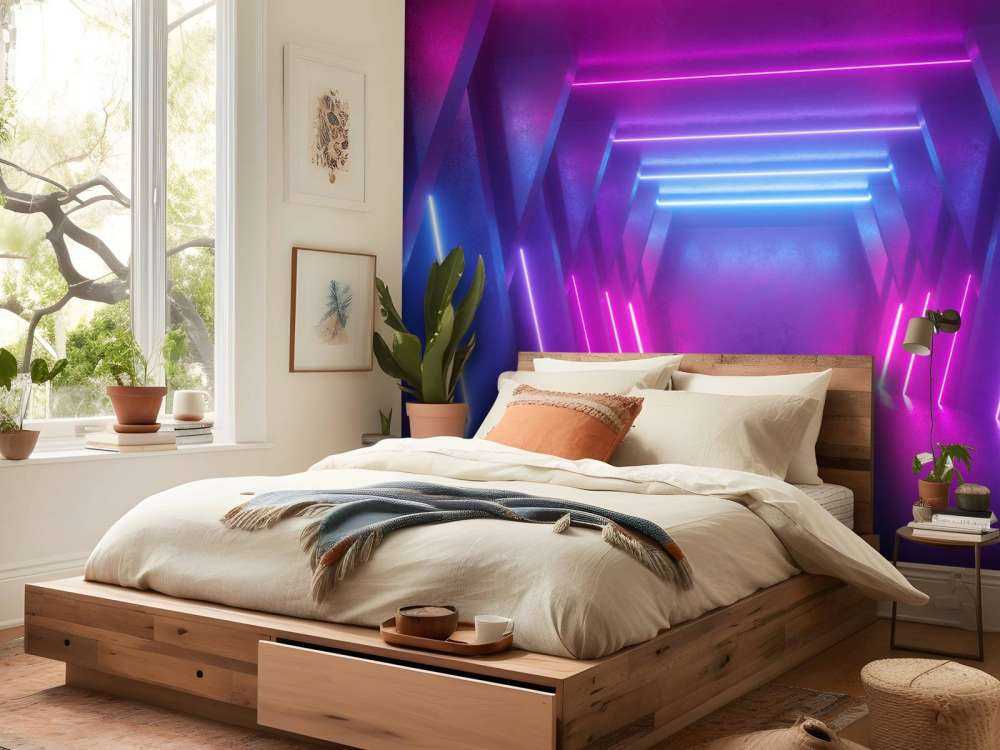 Neon verlichte ruimte met balken