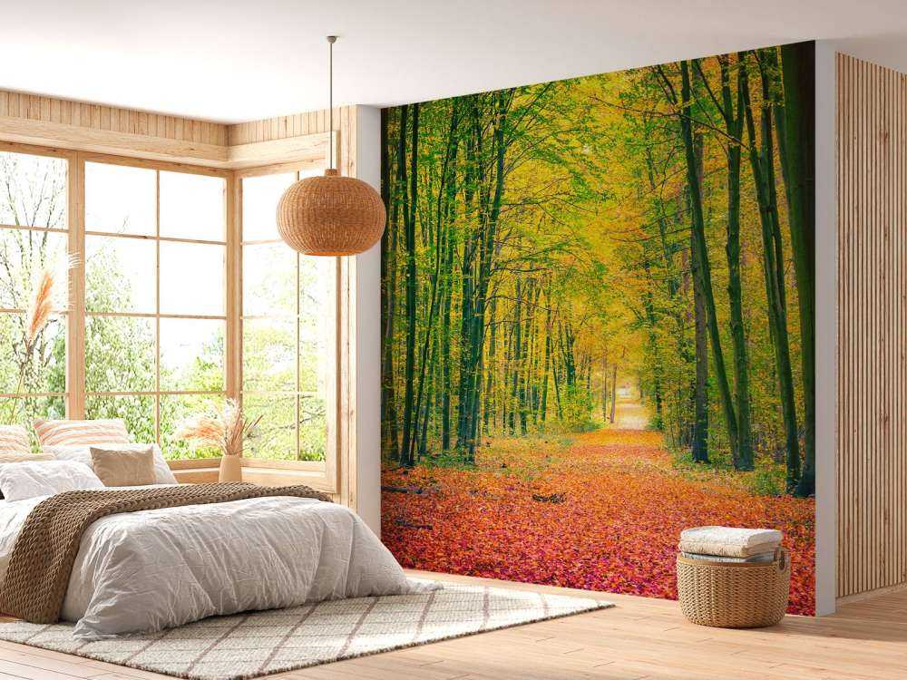 Een bosweg in de herfst