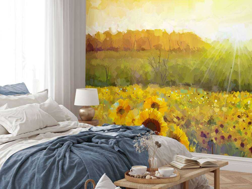 Schilderij van een zonnebloemen landschap