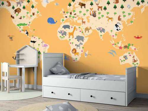 Wereldkaart voor kinderen met gele achtergrond