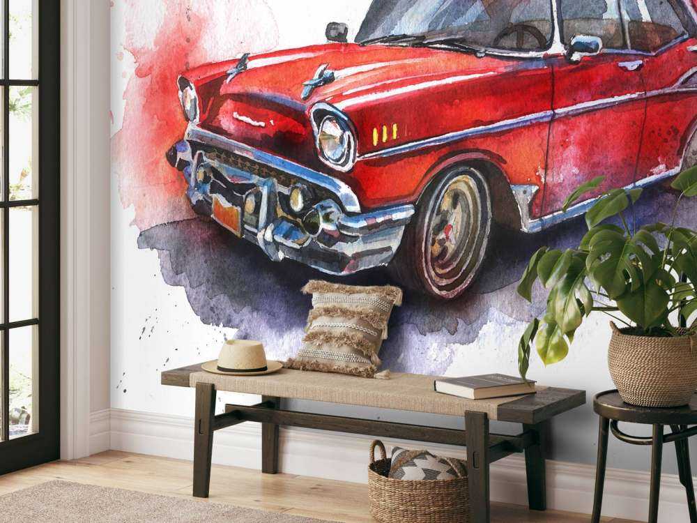 Aquarel van een rode ouderwetse auto