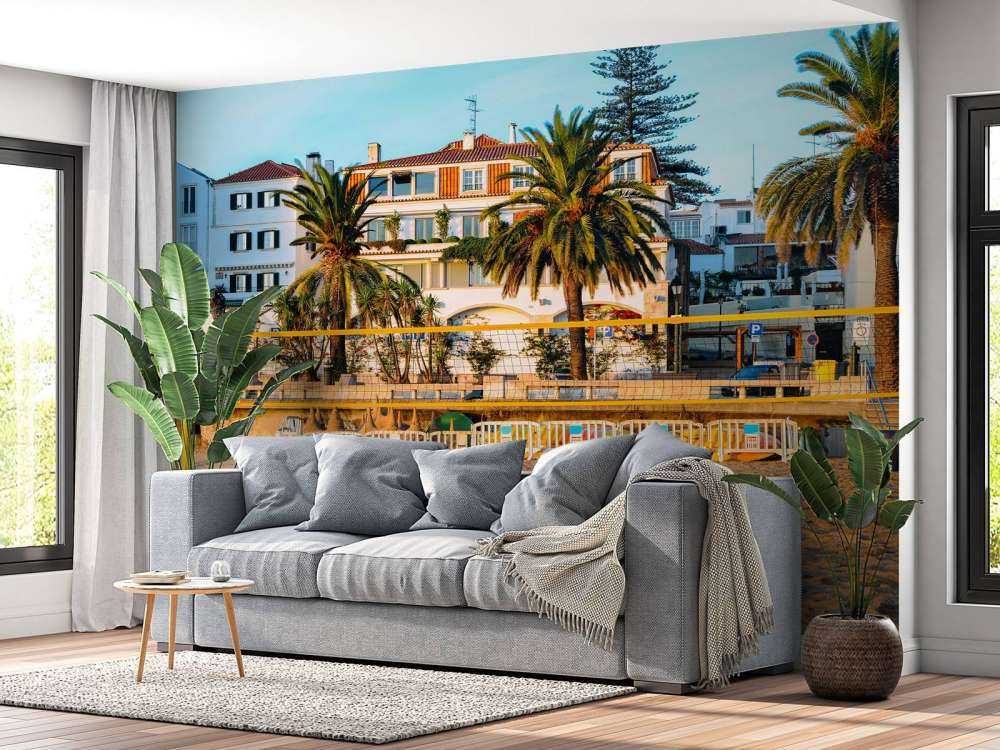 Volleybalveld op het strand bij zonsondergang