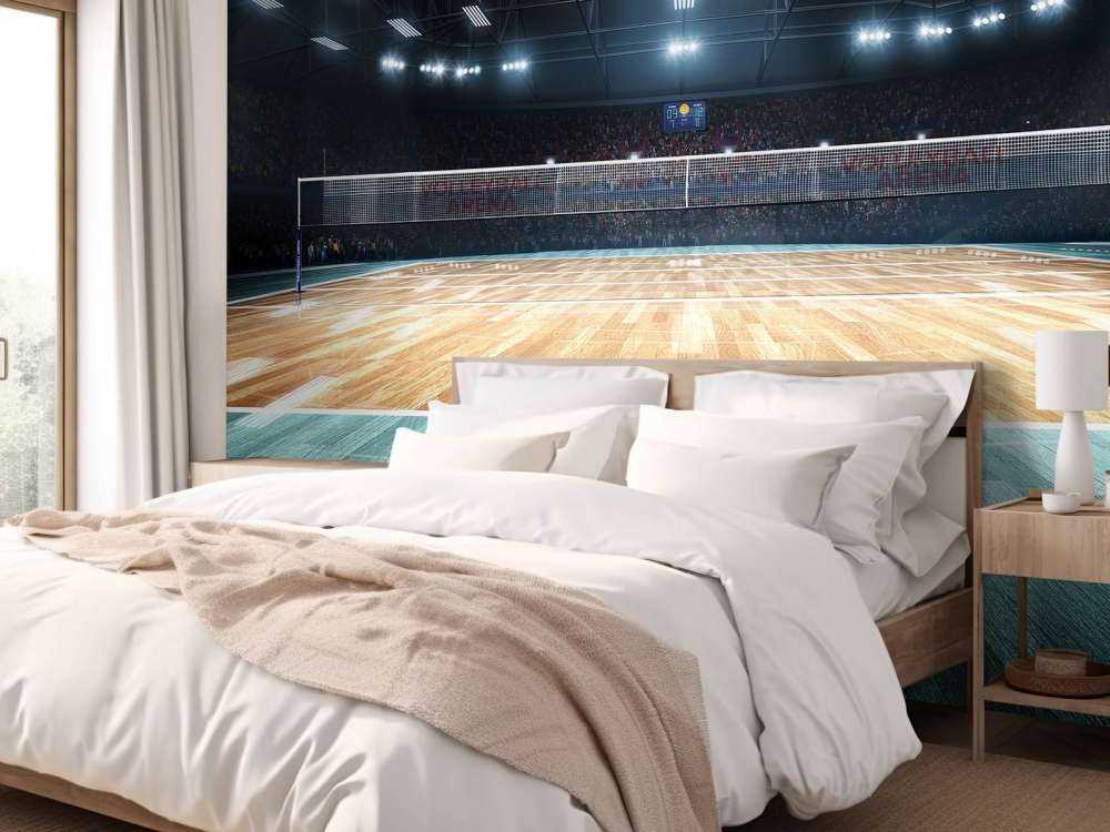 Verlicht volleybalveld met een houten vloer