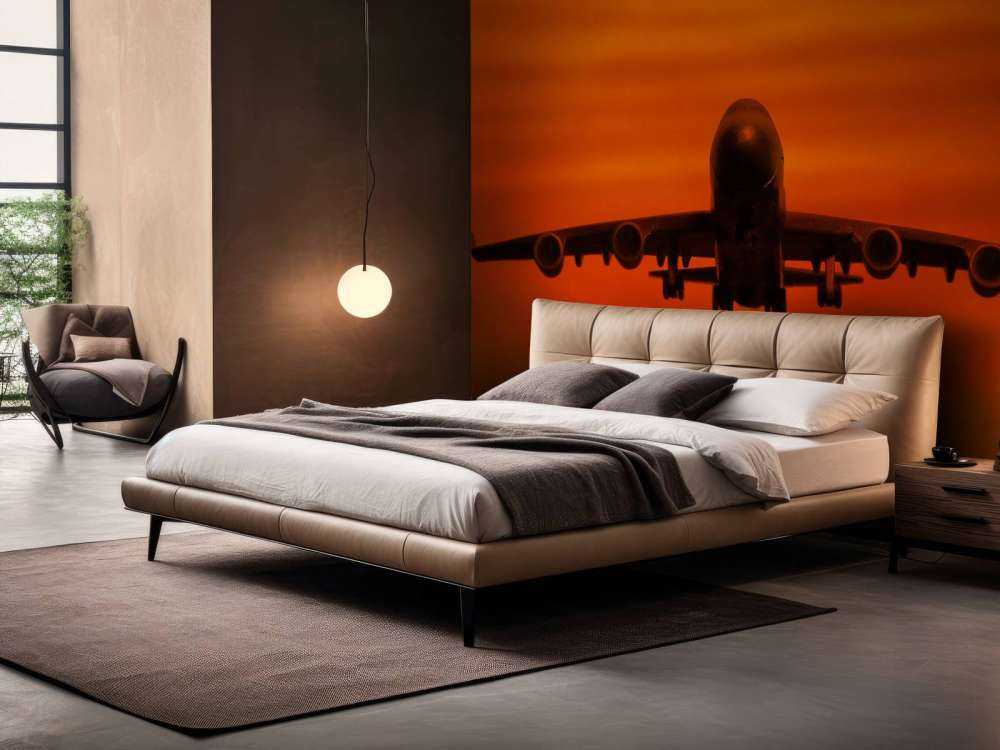 Passagiersvliegtuig boven de zee bij zonsondergang