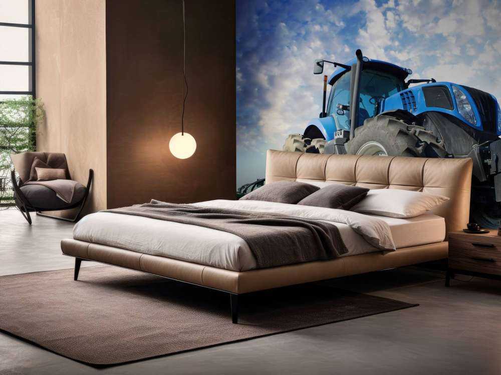 Grote blauwe tractor onder een bewolkte hemel