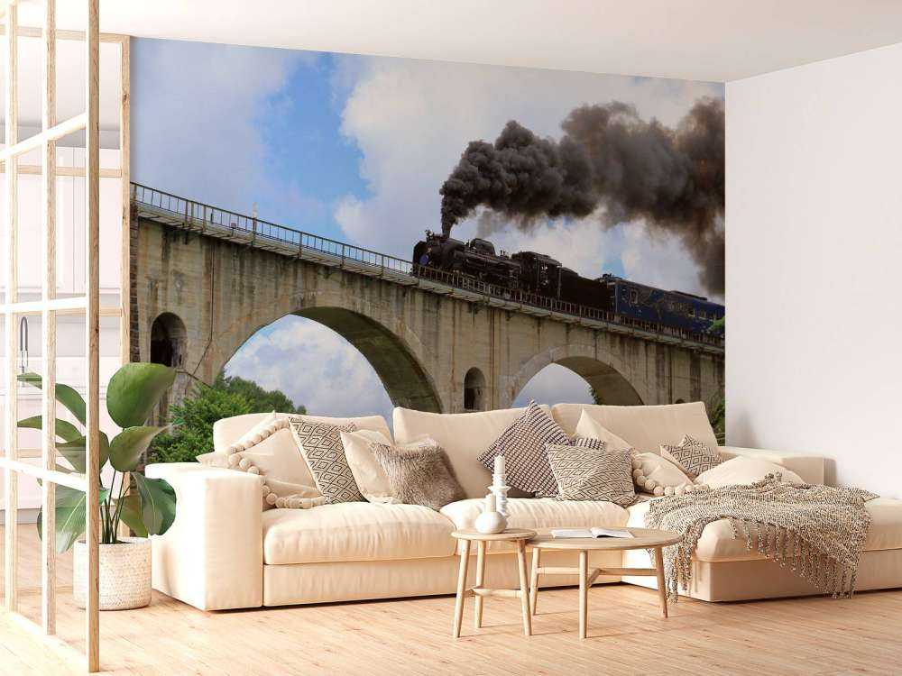 Stoomtrein op een viaduct