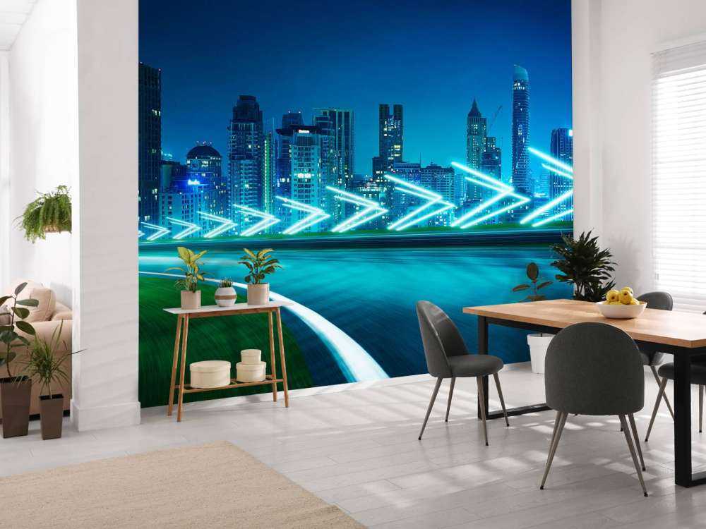 Futuristische snelweg langs een grote stad