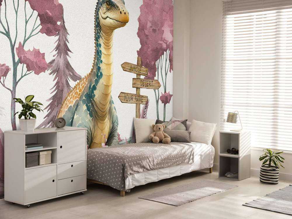 Baby brachiosaurus in de jungle roze