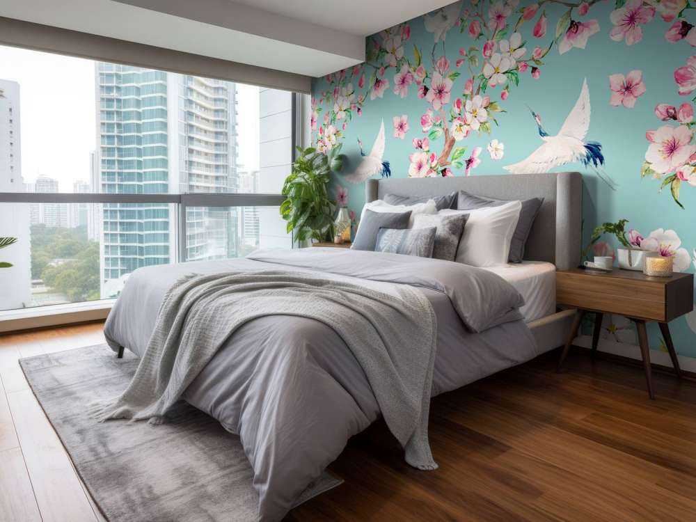 Kraanvogels tussen roze bloemen