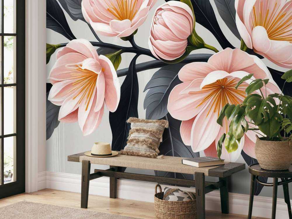 Roze magnoliabloemen met donkere bladeren