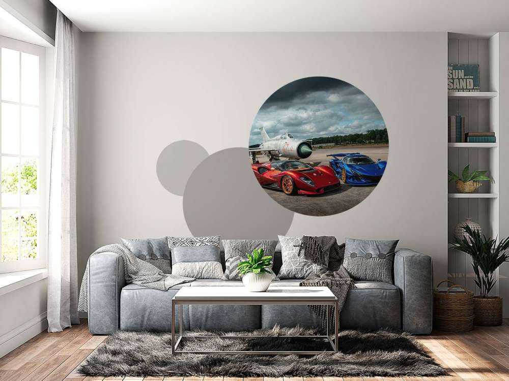 Luxe supercars bij gevechtsvliegtuig