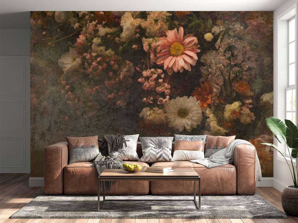 Bloemenveld in verouderde olieverf