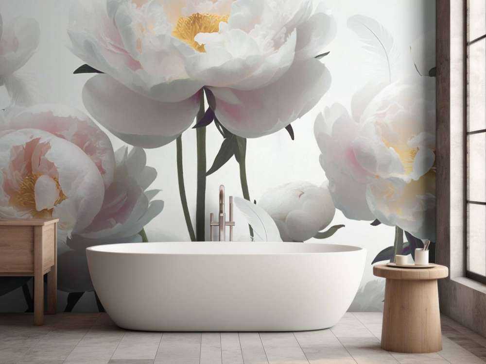 Witte pioenrozen met veren