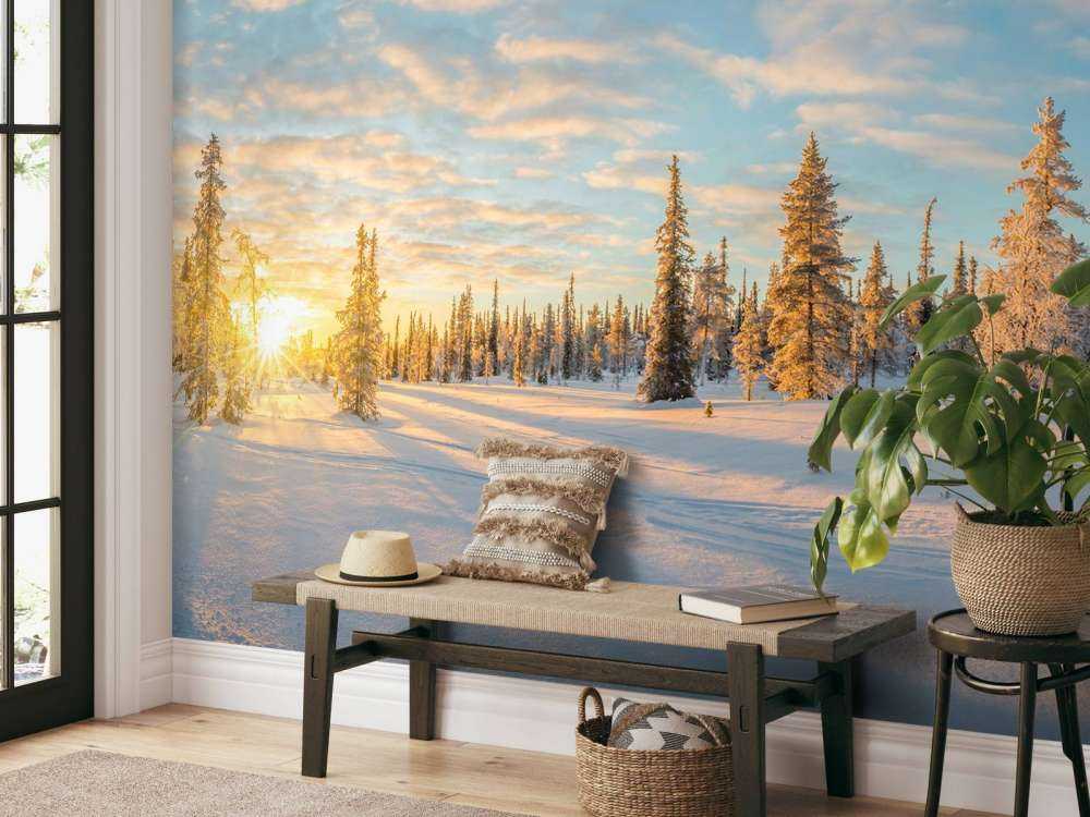 Sneeuwlandschap bij zonsondergang