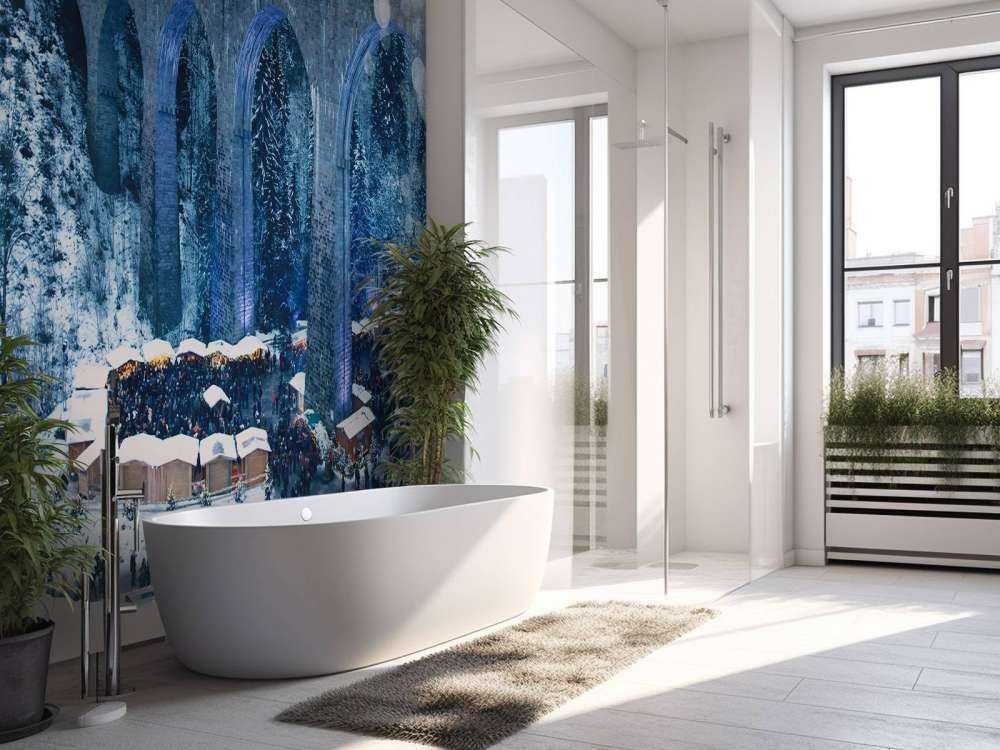 Rode trein boven een kerstmarkt