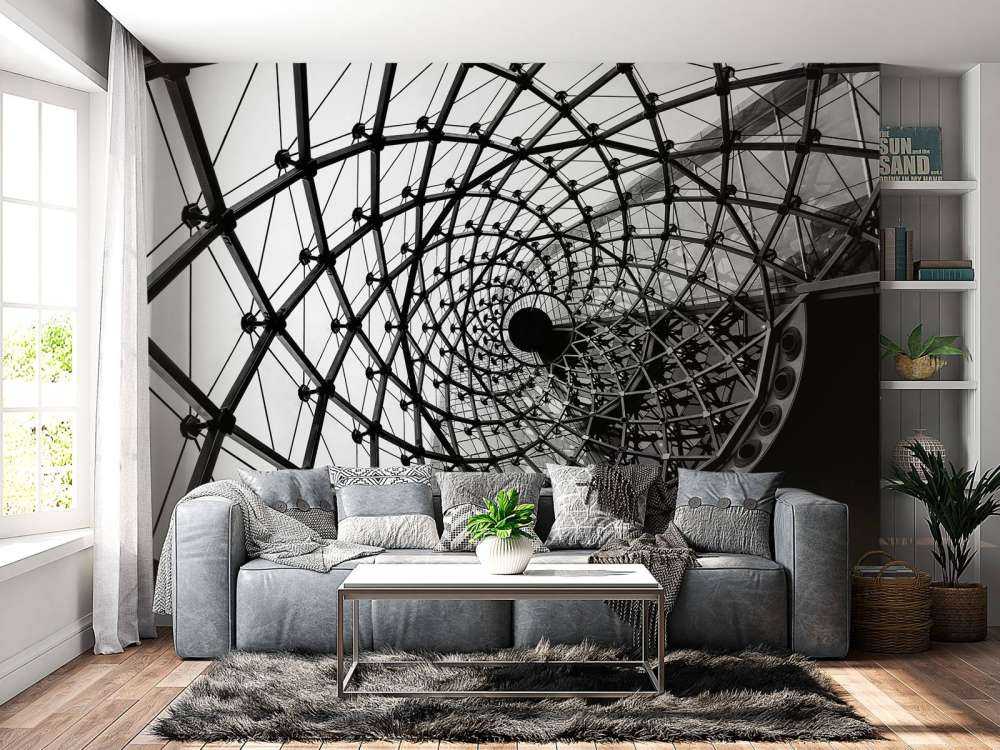 Spiraalvormige architectuur in zwart-wit