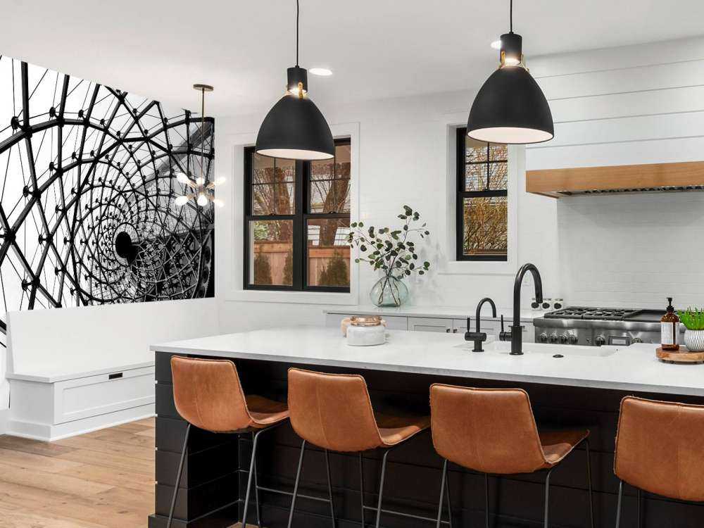 Spiraalvormige architectuur in zwart-wit