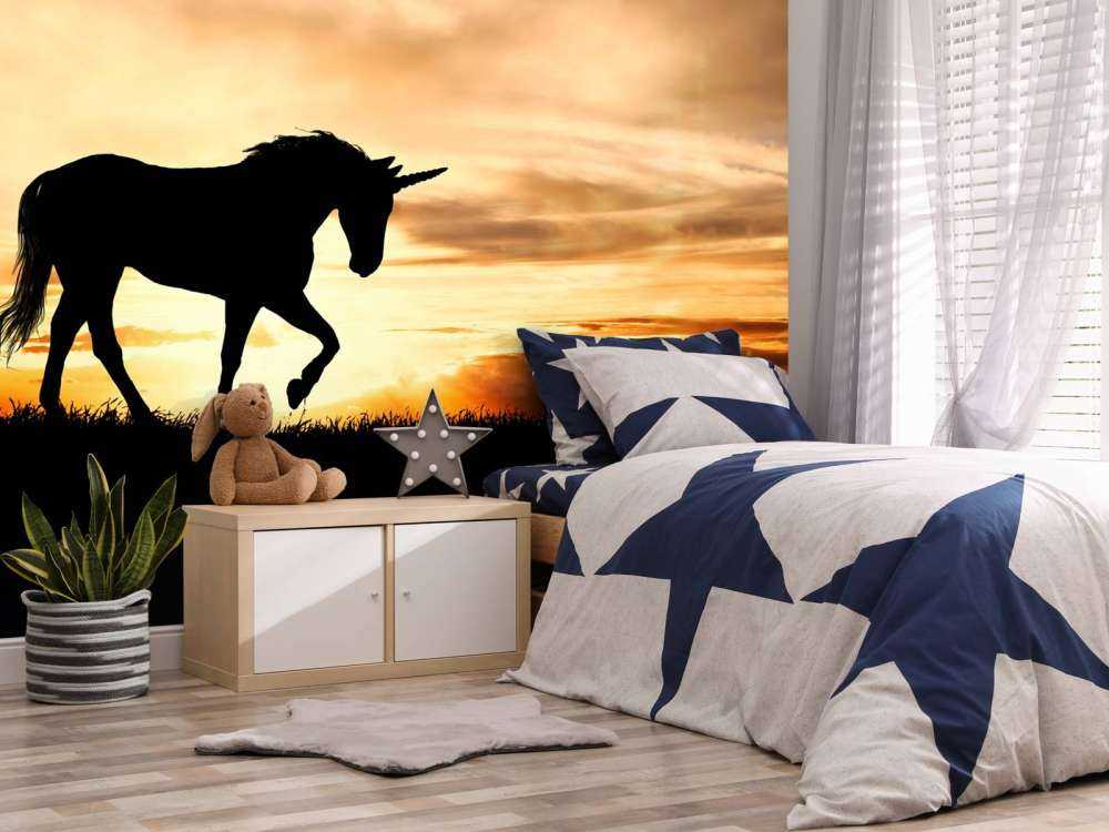 Unicorn silhouette bij zonsondergang