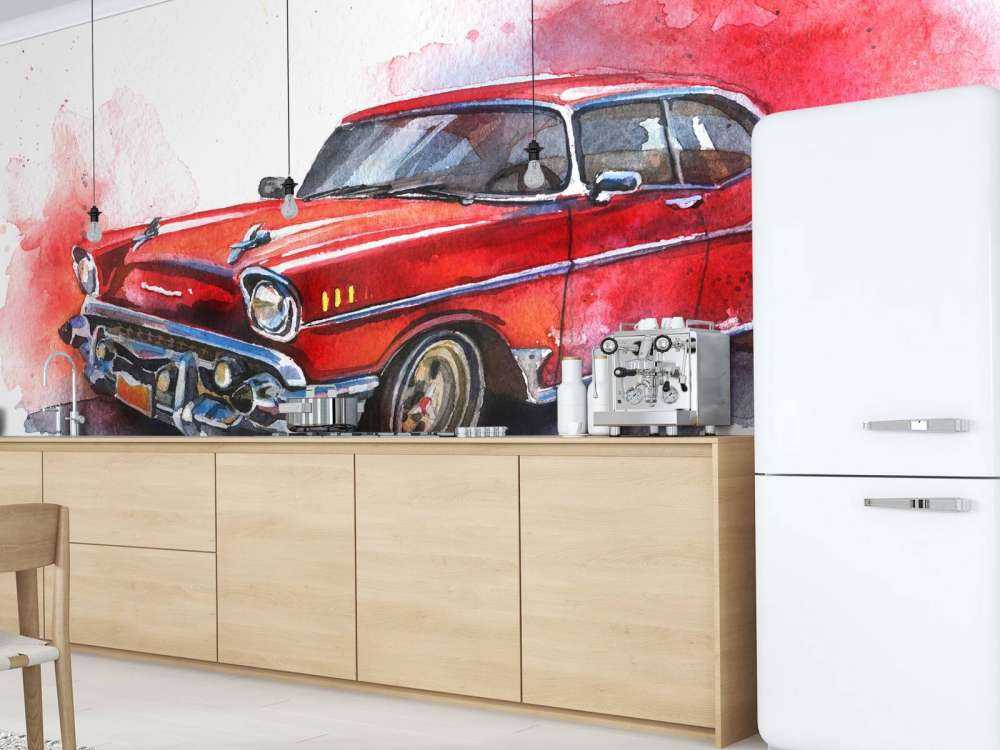 Aquarel van een rode ouderwetse auto