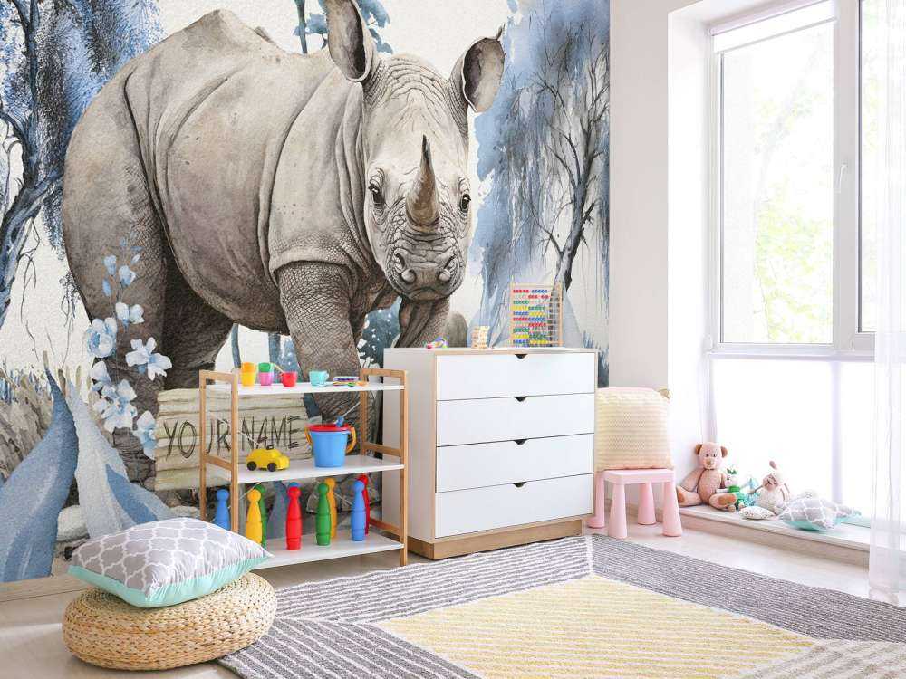 Baby neushoorn op de savanne blauw