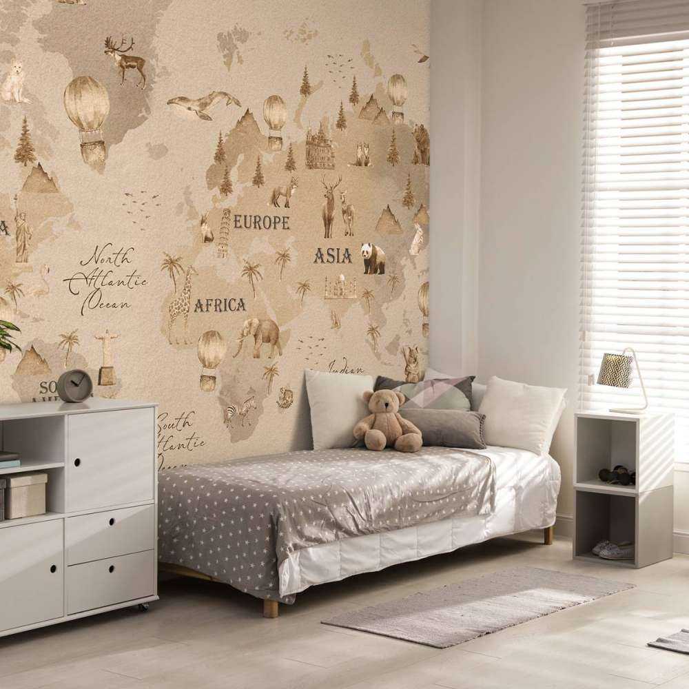 Wereldkaart met verschillende dieren taupe