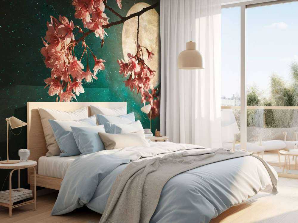 Kersenbloesem met de maan op de achtergrond