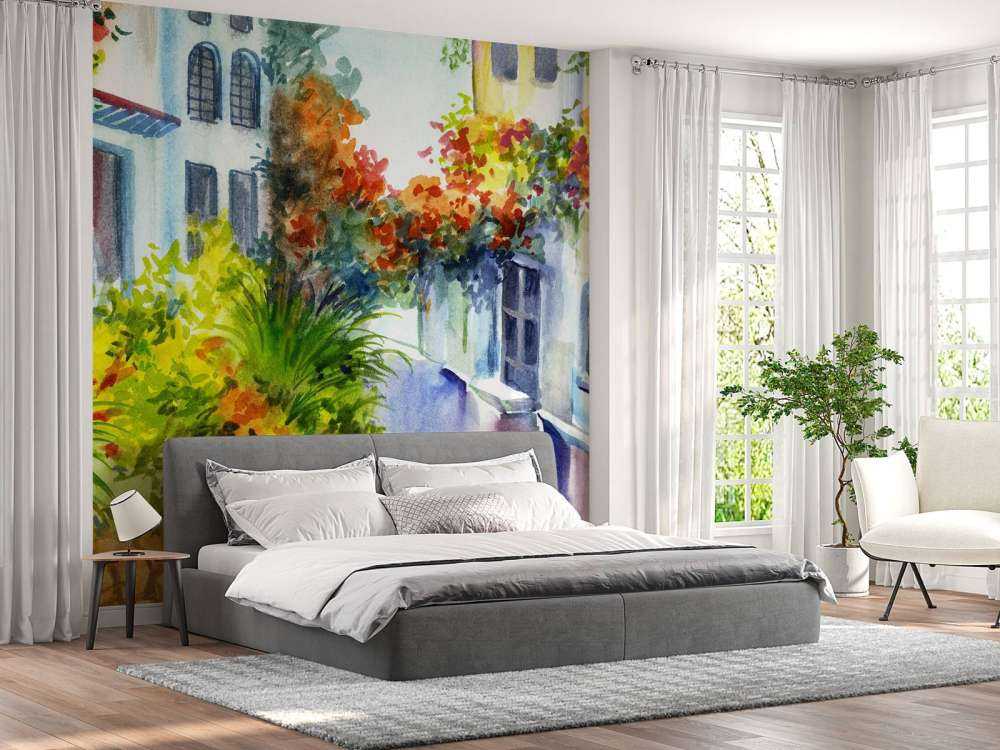 Waterverf bloemen en gebouwen